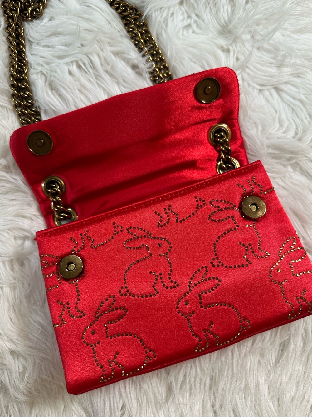 Kurt Geiger • Red Satin Kensington with Rabbit Print Glass Rhinestones Purse - Picture 7 of 17